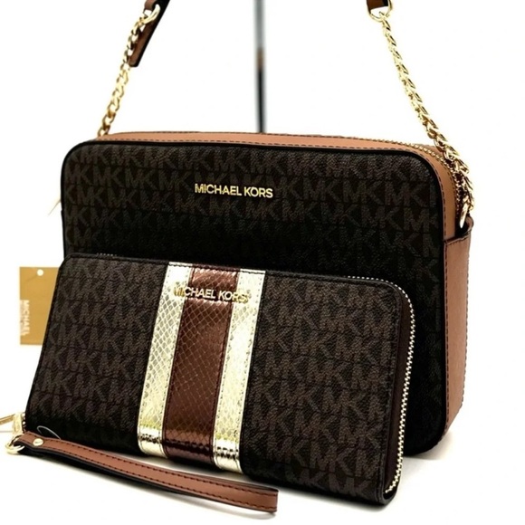 Michael Kors Large EW Zip Chain Xbody Crossbody Bag & Continental Wallet Brown - Picture 2 of 13